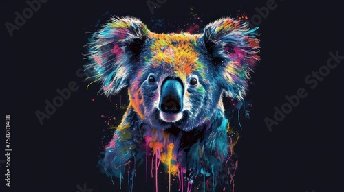  a painting of a koala bear with colorful paint splatters all over it's face and neck, with a black background that has a black background.