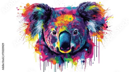  a close up of a koala's face with paint splatters on the side of the face and the head of the koala's head.