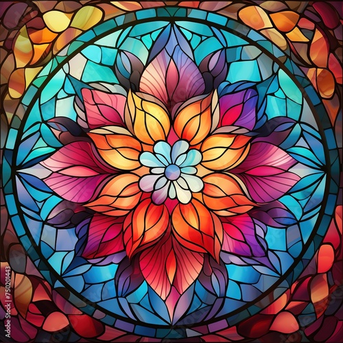 Illustration in stained glass style with abstract floral ornament  round image  Ai Generated