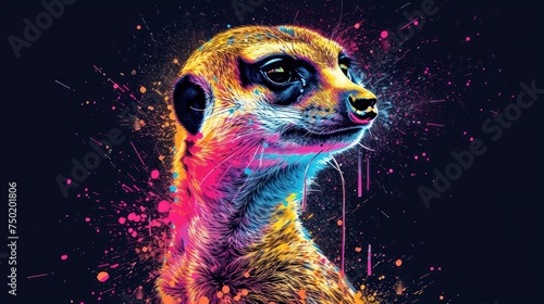  a painting of a meerkat on a black background with colorful paint splattered 