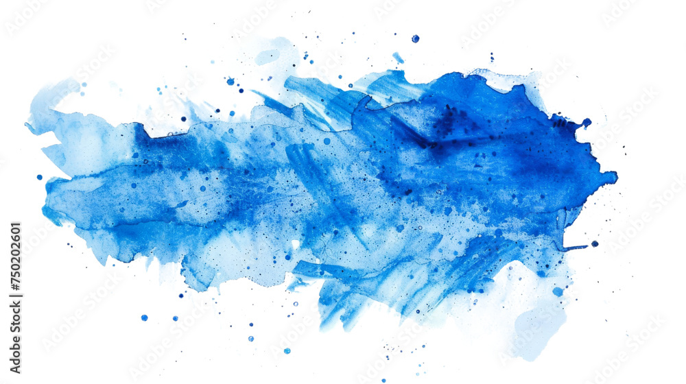 Abstract azure paint splatter with dynamic droplets and strokes against a white backdrop, evoking creativity and freedom
