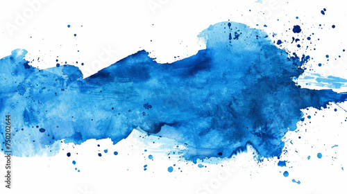 Bold blue watercolor stroke with splattered paint detail capturing movement and energy on a stark white background