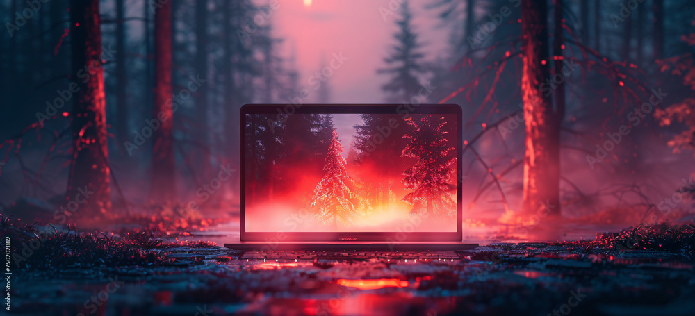 a laptop computer that has a screen displayed ontop of it, in the style of артур скижали-вейс, political, luminous quality, luxurious geometry, dc comics, landscape-focused, miscellaneous academia - obrazy, fototapety, plakaty 