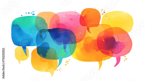 Bright neon watercolor textured colorful speech bubbles isolated on white background. Communication Concept.