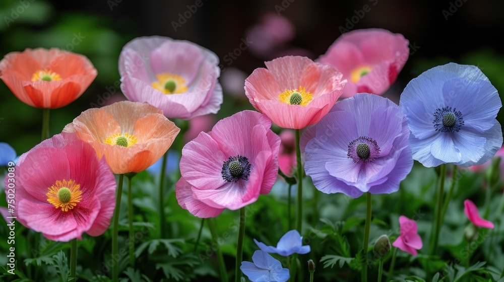 a close up of a bunch of flowers with one flower in the middle of the picture and the other in the middle of the picture with pink and blue flowers in the middle. a close up of a bunch of flowers with one flower in the middle of the picture and the other in the middle of the picture with pink and blue flowers in the middle.