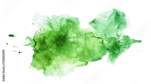 Energetic splashes of green paint create a dynamic and abstract watercolor pattern on white