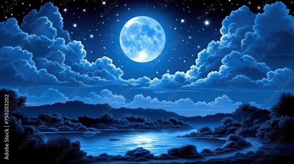  a painting of a night sky with a full moon and stars above a lake with rocks in the foreground and a few stars in the sky above the water.