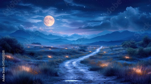  a painting of a dirt road in the middle of a field at night with a full moon in the sky above it and mountains in the distance, with grass and bushes in the foreground.