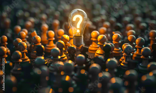 Lightbulb shines brightly with question mark filament, symbolizing curiosity and problem-solving in a diverse crowd photo