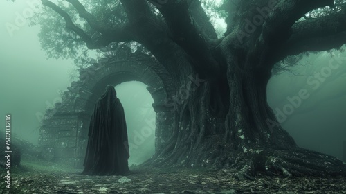  a person standing in front of a tree in a foggy forest with an arch in the middle of the forest, with a ghostly figure in the foreground.