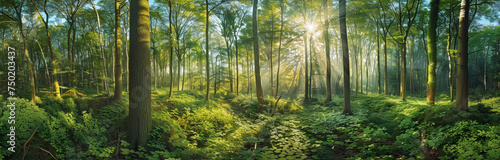 A Tranquil Morning as Golden Sun Rays Illuminate the Verdant Depths of a Forest Sanctuary