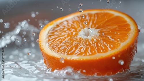  a close up of an orange sliced in half with water splashing on the top of it and on top of the other half of the orange  on a white surface.