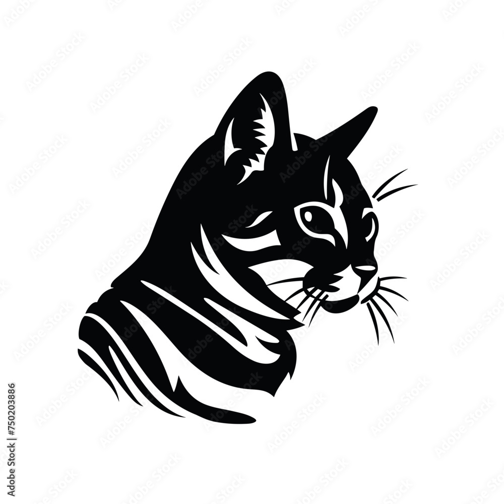 American Shorthair cat head silhouette black and white vector illustration isolated transparent background, logo, cut out or cutout t-shirt print design,  poster, baby products, packaging design