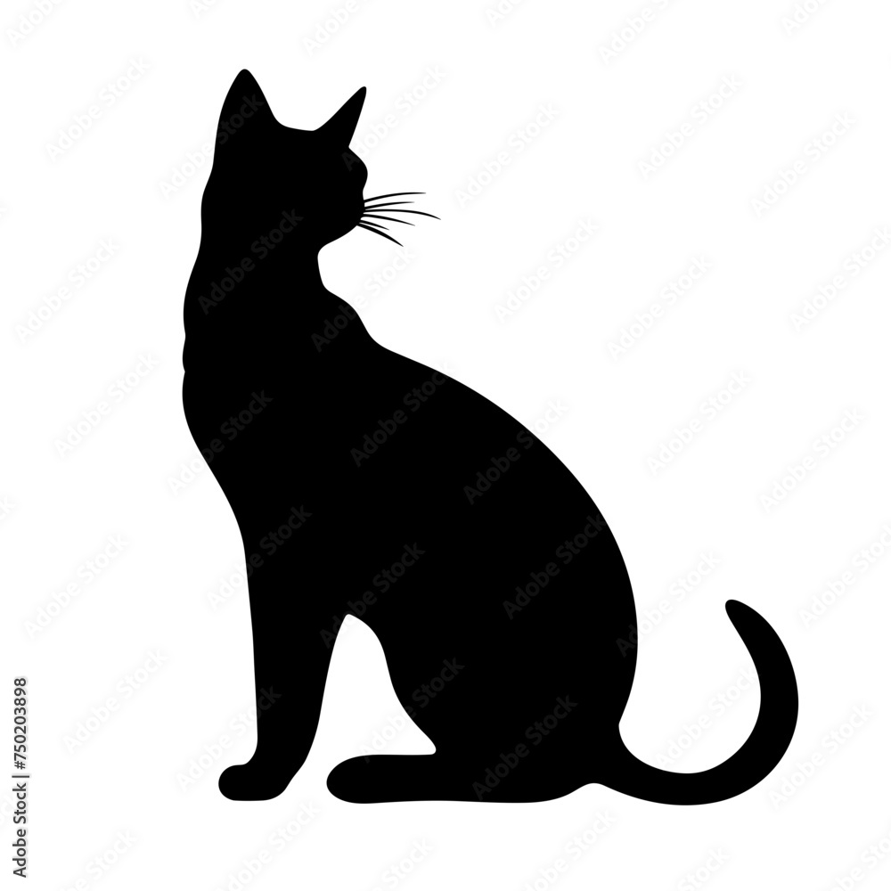 Abyssinian cat sitting silhouette black and white vector illustration isolated transparent background, logo, cut out or cutout t-shirt print design,  poster, baby products, packaging design