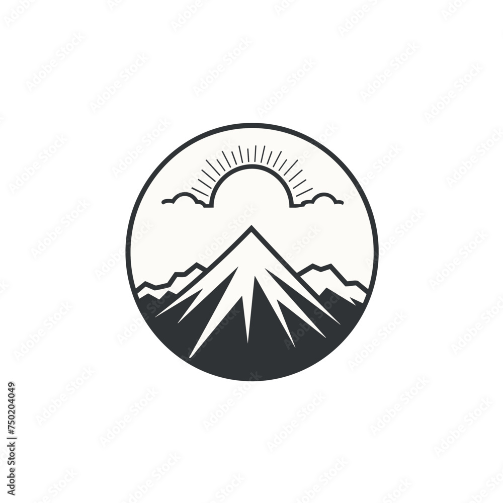 mountain pics and sun in round frame black and white vector illustration isolated transparent background, logo, cut out or cutout t-shirt print design,  poster, baby products, packaging design