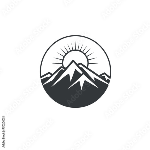 mountain pics and sun in sunrise black and white vector illustration isolated transparent background, logo, cut out or cutout t-shirt print design,  poster, baby products, packaging design
