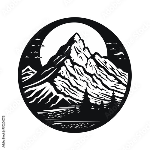 mountain pics and forest black and white vector illustration isolated transparent background, logo, cut out or cutout t-shirt print design,  poster, baby products, packaging design