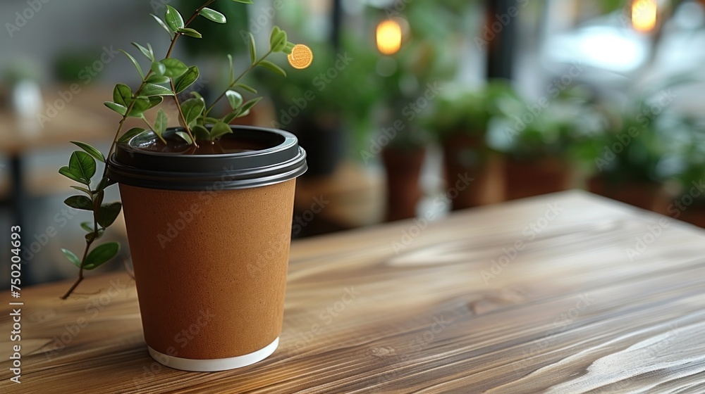 a close up of a cup on a table with a plant growing out of the top of the cup in the middle of the table is a blurry background. a close up of a cup on a table with a plant growing out of the top of the cup in the middle of the table is a blurry background.