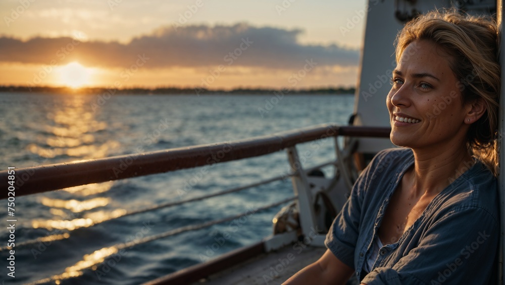 Mulher agradecida contemplando o por do sol enquanto faz turismo pelo mar em um navio, ela está livre e feliz pela experiência que está vivendo
