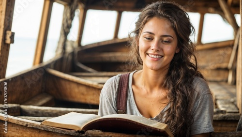 Jovem lendo um livro ou biblia a, sorrindo a bordo de um barco de viagem, uma leitura prazerosa e divertida photo