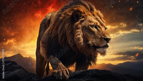 Um leão imponente, forte e audácioso, preparado para capturar sua presa, ou pode ser uma representação do leão de Judá, ou aslam, um belo leão de pelo dourado photo