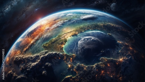 Imagem do planeta terra visto de cima, o planeta cercado de agua e terra e raios do sol o despontam photo
