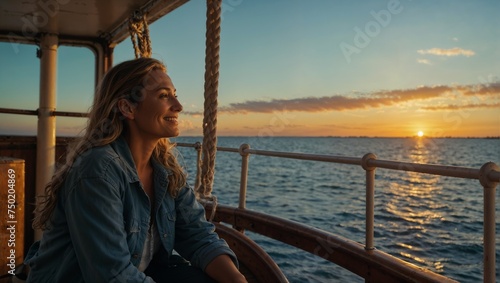 Mulher feliz e agradecida viajando em um barco em alto mar no por do sol, ela está radiante e alegre, sente-se livre e o vento rosto