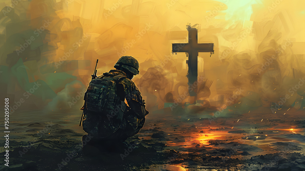 Christian soldier praying with cross in the background. Digital painting - obrazy, fototapety, plakaty 