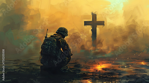 Christian soldier praying with cross in the background. Digital painting photo