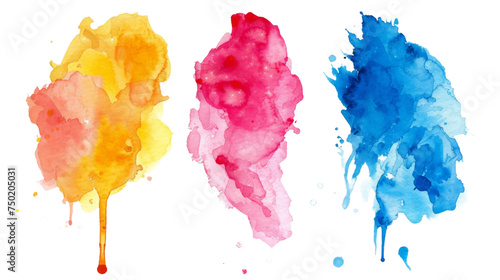 A set of three separate watercolor splashes in bold yellow, pink, and blue tones, ready for artistic use