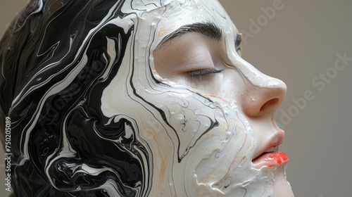  a close up of a woman's face with a black and white mask covering it's face and it's face with white and black swirls.