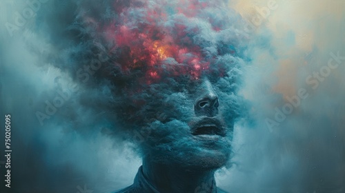  a man's head with a cloud of smoke coming out of the top of his head in front of a sky filled with red and blue clouds of smoke.
