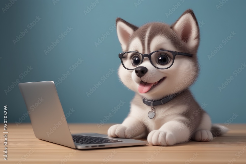 3D cartoon illustration showcases cute husky with a laptop,engaging in digital adventures.Educational websites or apps targeting children, promoting digital literacy and online learning.