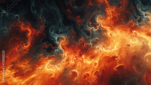  a close up of a fire with orange and blue swirls in the middle of the image and a bird flying in the middle of the space in the middle of the picture.