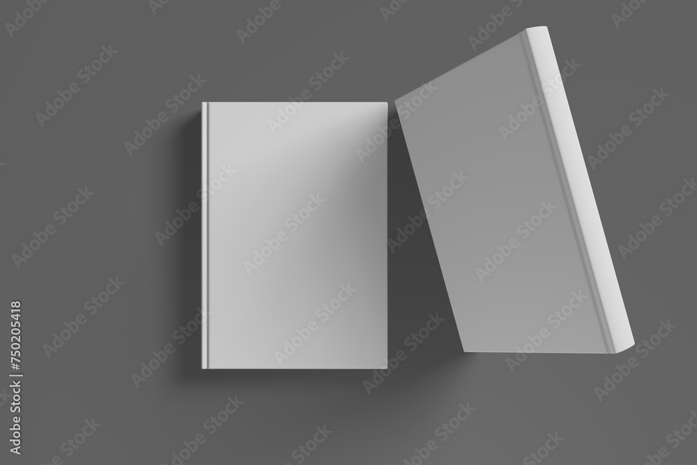 Realistic 3D book mockup illustration with 2 hard covers. Book model standing on shaded isolated grey background. 2 hardcover books. Ready for you to present your design.