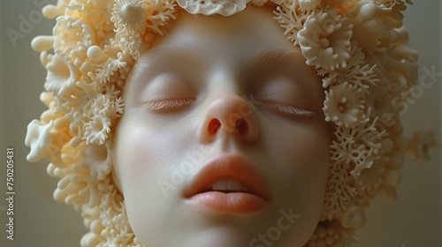  a close up of a mannequin's head with flowers on it's head and eyes closed, with eyes closed, with eyes closed and eyes closed.