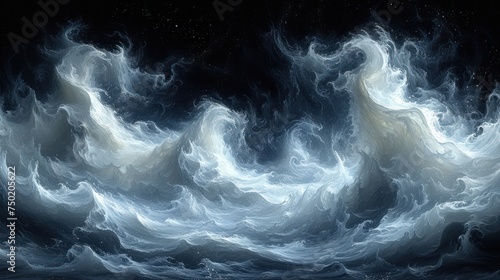  a painting of a large body of water with a lot of white and blue waves coming out of the top of the water and a dark sky with stars in the background.