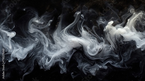  a black and white photo of smoke swirling in the air on a black background with stars and dust in the bottom right corner of the photo and bottom corner of the photo.