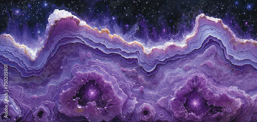  a painting of a mountain range with stars in the sky and a purple and blue background with stars in the sky and a black background with a purple and white border.