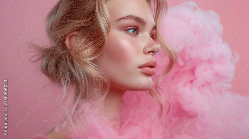  a woman with blonde hair and blue eyes is wearing a pink dress and a pink smoke cloud behind her is a pink background and there is also a pink smoke.