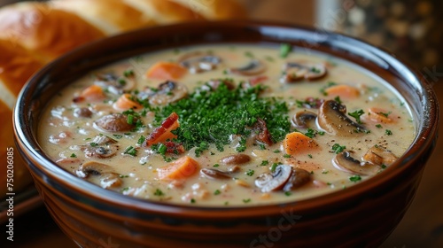  a bowl of soup with carrots, mushrooms, and parsley in a brown bowl next to a loaf of bread on a table with bread on the side.