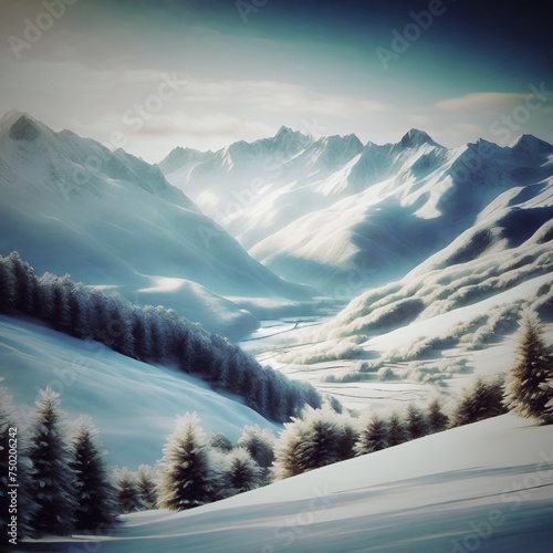 Snow Forest Mountain Tree Landscape Winter panorama. A serene winter landscape with a snow covered forest and mountain range, gleaming peaks, snow laden slopes