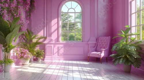  a room with pink walls, a pink chair, potted plants, and a window with a view of the trees outside of the room is shown in the picture.