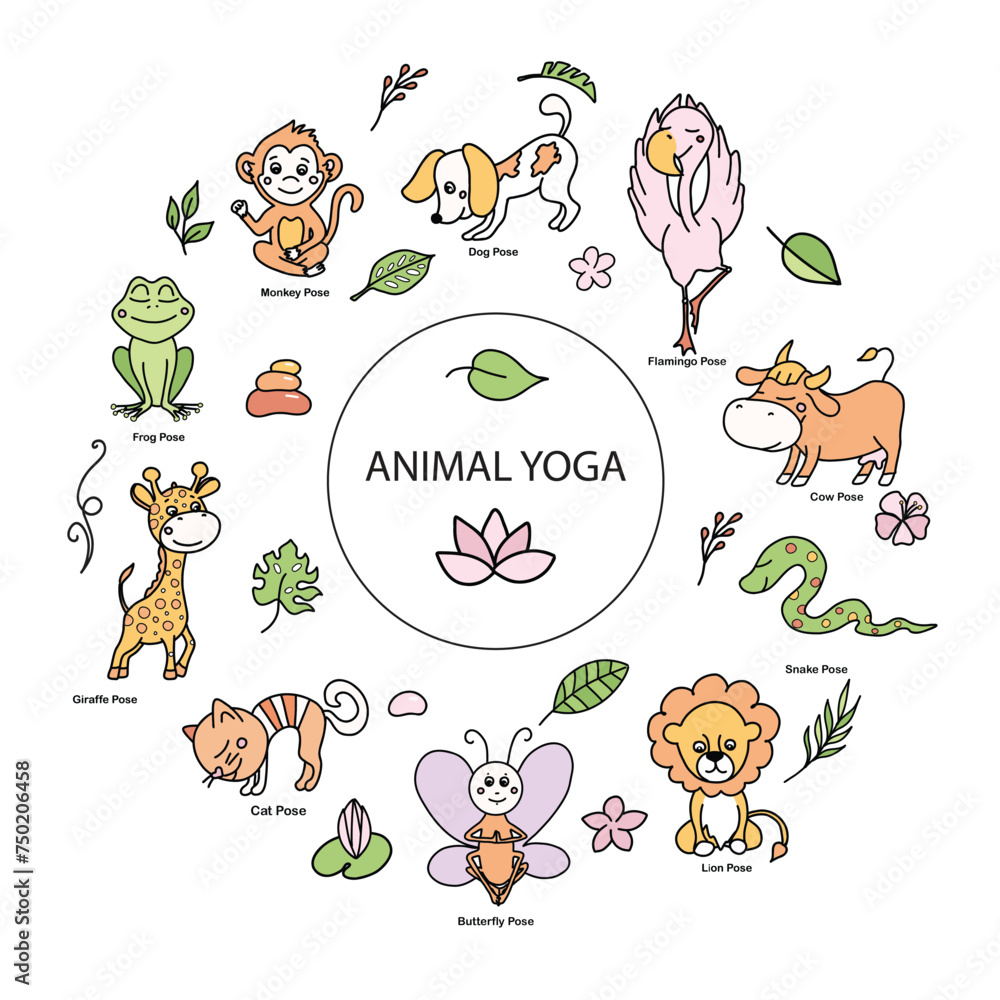 Set of animal yoga poses or asanas with tropical floral elements