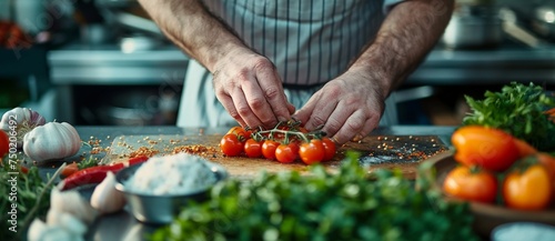 Man cutting tomatoes and other ingredients on cutting board on countertop in kitchen for cooking meal