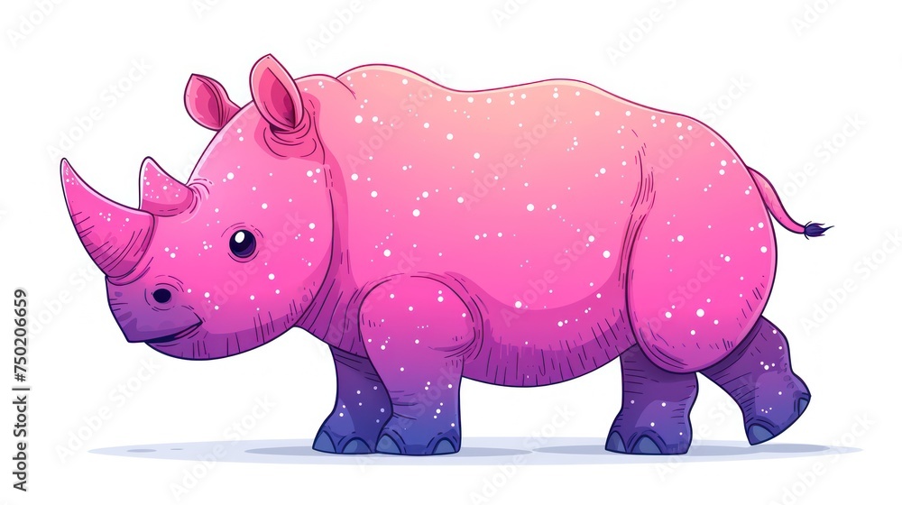  a pink rhinoceros is standing in the snow with its head turned to the side and it's head turned to the side, it's left.