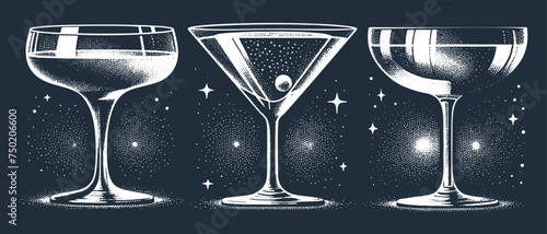 Set of cocktail glasses. Vintage woodcut engraving stipple style vector illustration.