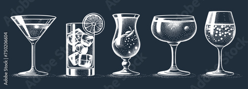 Set of cocktail glasses. Vintage woodcut engraving stipple style vector illustration.