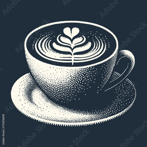 Coffee cup with coffee art. Vintage woodcut stipple engraving vector illustration.