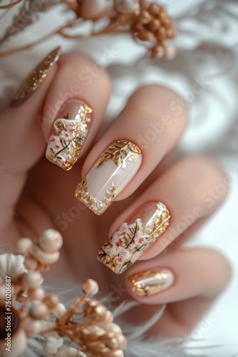 Nail art mastery  a captivating showcase of 3d three-dimensional elegance  featuring beautiful design adorning nails  blending creativity  style  intricate craftsmanship for a chic and trendy look.